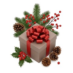 Christmas gift box with pine cone, holly, and red berry decoration isolated on white background