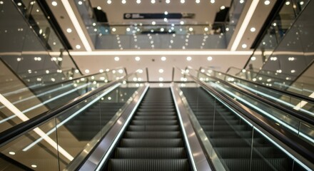 A realistic upward view of a modern escalator in a brightly lit public building with a softly blurred architectural background