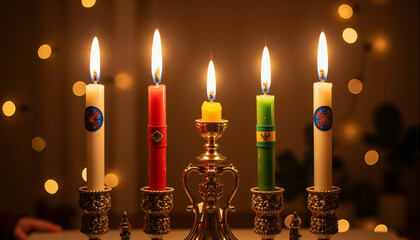 Kwanzaa candles lit on kinara with colorful background in modern style  