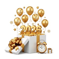 Golden 2026 new year celebration concept with gift box isolated on white background