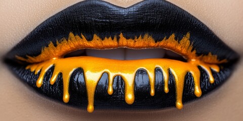 Elegant Black Lipstick Dripping on a Golden Canvas, Artistic Representation of Beauty and Passion