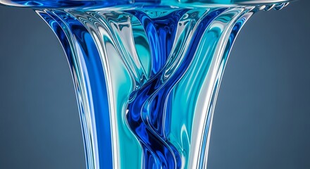 Closeup of a vibrant blue and turquoise glass vase with swirling abstract patterns against a muted background