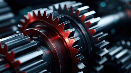 Interlocking industrial gears in vivid red and silver showcasing teamwork and precision in mechanical engineering.