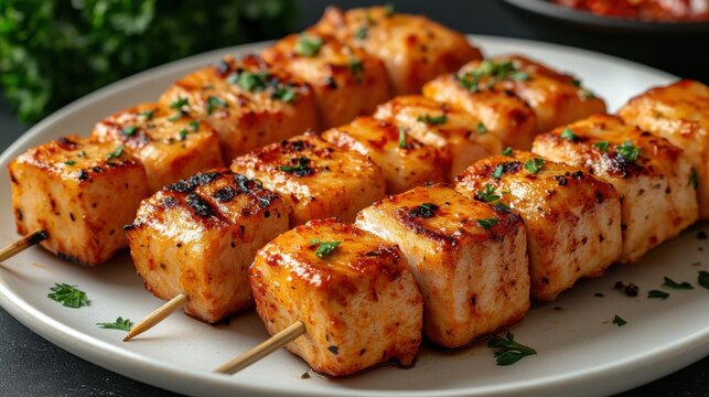 Juicy grilled pork skewers with herbs, presented on a white ceramic plate, ideal for food advertising and restaurant menus.