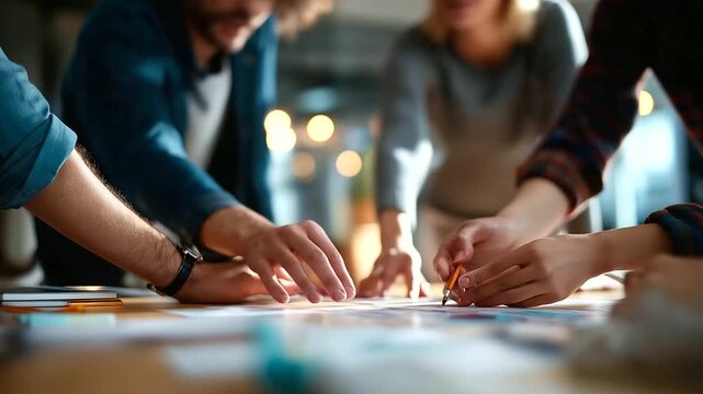 Multiple hands working on design project together faces obscured team brainstorming collaborative design group work creative meeting shared workspace teamwork table and mat