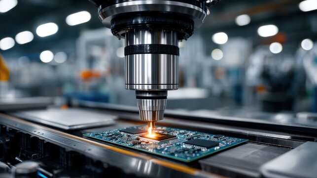 Advanced robotic arm meticulously assembles a PCB on an automated production line in a modern electronics facility.