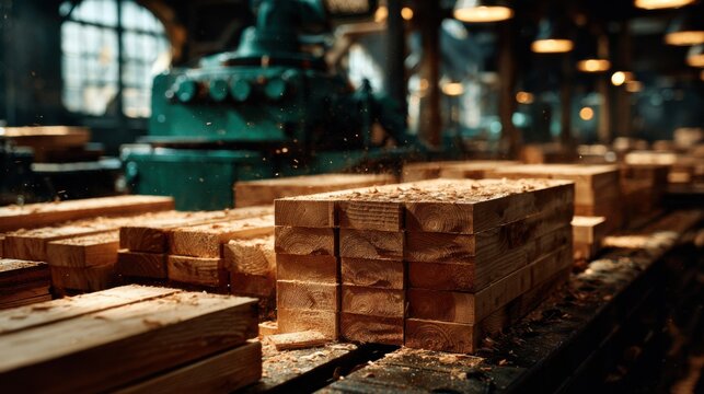 Stacked wooden planks in a busy sawmill with swirling sawdust and humming machinery, evoking industry and craftsmanship.