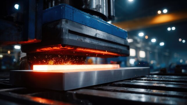 Industrial pressing machine in action, shaping heated metal with sparks in a factory setting, showcasing manufacturing processes.