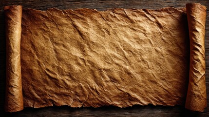 Vintage parchment with rolled edges on a wooden surface, ideal for historical-themed design projects and antique document backgrounds.