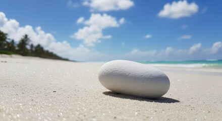 Tranquil tropical beach scene with smooth rock and blue sky