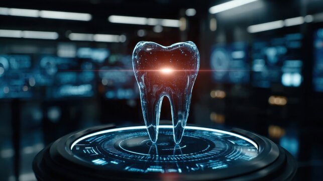 Futuristic digital molar showcased in a high-tech environment, highlighting advanced dental technology and innovation.