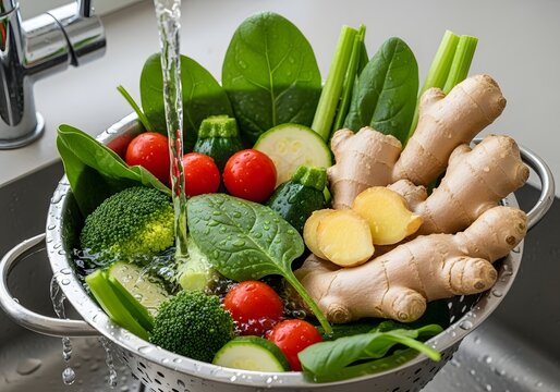 Assortment of fresh vegetables and ginger being washed in a colander
