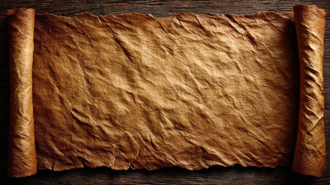 Vintage parchment with rolled edges on a wooden surface, ideal for historical-themed design projects and antique document backgrounds.