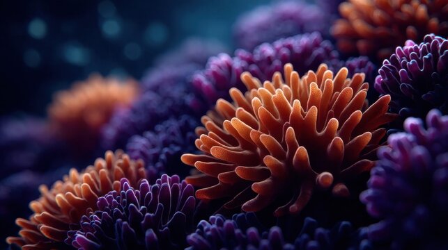 A close-up view of vibrant coral formations, showcasing intricate textures and vivid colors, ideal for scientific and artistic concepts.