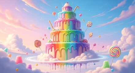 A magical, towering rainbow cake decorated with candy floating in a pastel sky with clouds
