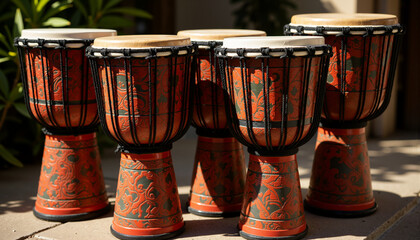 African drum set decorated with red, green, and black patterns in modern style  