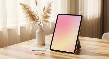 Modern tablet displaying gradient screen on wooden table