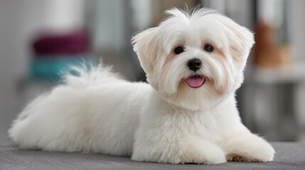Fluffy white Maltese dog lies relaxed on grooming table after a delightful grooming session, showcasing its freshly groomed, soft, and pampered coat of fur.
