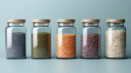 Glass jars filled with lentils beans rice stacked neatly