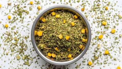 Savory corn and herb mix in metal bowl