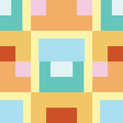 Abstract Geometric Pastel Pattern, Color Block Retro Geometric Design, Modern Pastel Square Pattern, A geometric abstract pattern featuring colorful pastel and warm-toned blocks arranged in a symmetri