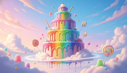 A giant, colorful, rainbowlayered wedding cake floating in a dreamy, pastel sky with candy