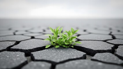 Green plant growing in cracked dry earth