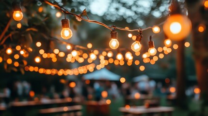 Enchanting magical garden string lights illuminating a vibrant social gathering atmosphere outdoors.