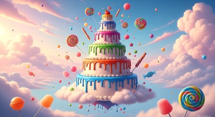 Giant colorful tiered birthday cake floating in a whimsical sky surrounded by candy and sweet treats