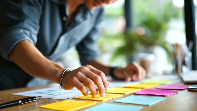 Hands arranging concept cards on desk face obscured idea sorting design planning brainstorming organization creative process concept development card layout table