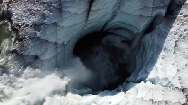Aerial view of glacier with ice water runoff forming stream into a large cavern.
