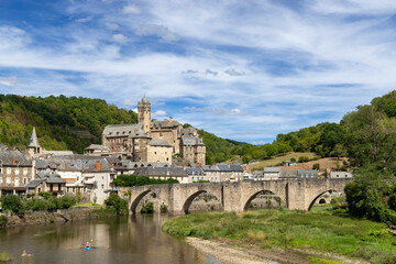 Estaing village castle and medieval bridge over Lot river