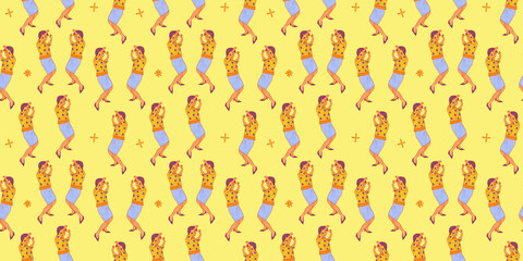 Retro wrapping paper print. Fun women's feminist party on yellow. Seamless horizontal pattern. Christmas vintage cartoon wallpaper.