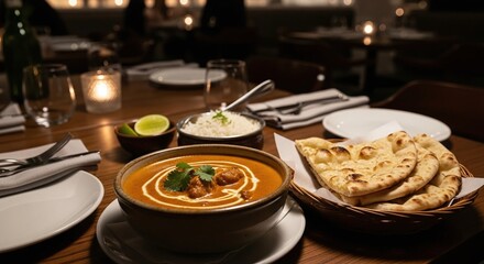 Realistic restaurant scene of butter chicken curry with naan