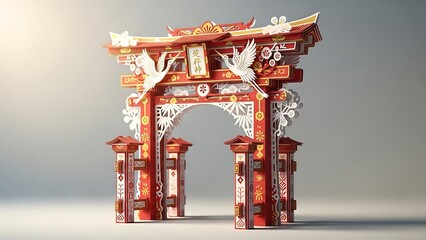 Ornate Japanese Torii Gate with Cranes and Intricate Details.