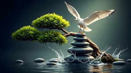 Zen garden with seagull and stacked stones