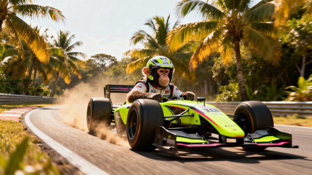 Mischievous monkeys in colorful racing helmets and fireproof suits compete wheel-to-wheel on a sunlit tropical race track