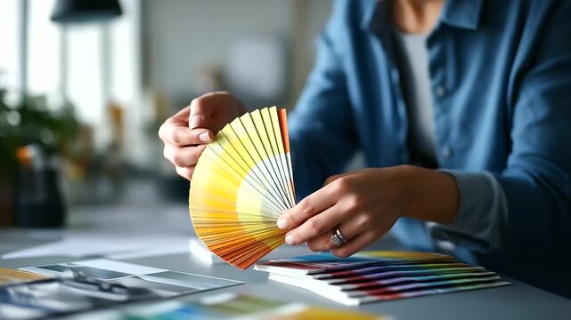 Hands selecting paint colors from samples face not shown color choice paint selection design colors material swatches color coordination sample cards workspace defocused