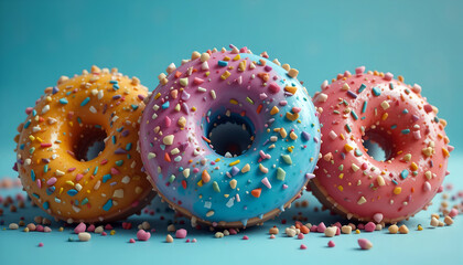 Colorful donuts with sprinkles in vibrant hues of orange, pink, and blue are arranged on a bright blue background, creating a playful and inviting dessert display