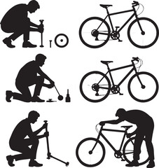 Silhouettes of men repairing bicycles in different stages of repair