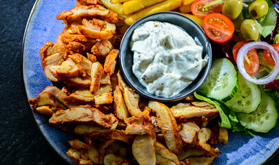 Kebab served with french fries and vegetables