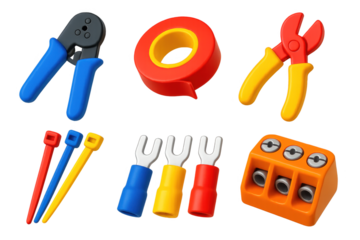 Colorful Wiring Tools Icons. 3D icon set of wiring tools: crimpers, cutters, insulation tape, cable ties, connectors, terminal