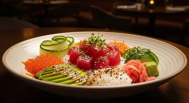 Elegant warm-toned plating of tuna poke bowl