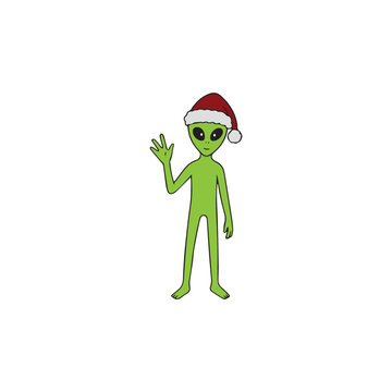 Green alien in a Santa Claus hat vector drawing