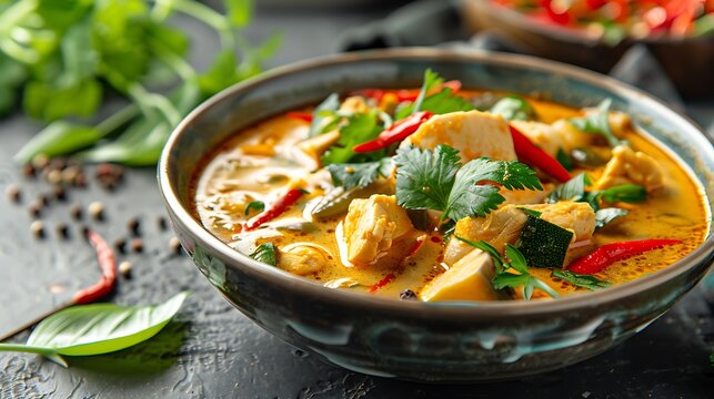 A bowl of yellow curry with tofu, red chili peppers, and cilantro on a dark surface with basil leaves