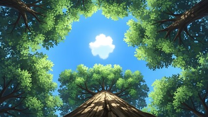Anime style trees reaching for the sky
