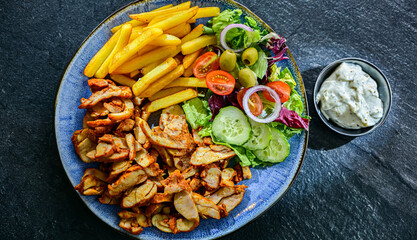 Kebab served with french fries and vegetables