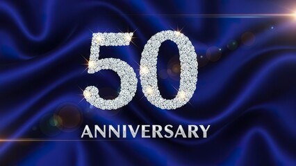 Sparkling Diamond "50 Anniversary" Text Overlay on Luxurious Deep Blue Silk Fabric Background.