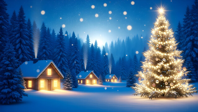Christmas tree glows in a snowy winter landscape cozy cabins nestled among snow-covered trees creating a festive holiday scene isolated on white background - Powered by Adobe