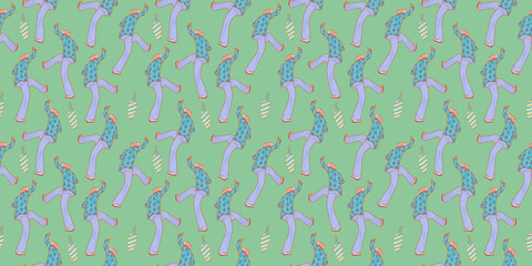 Retro wrapping paper print. Fun men's party on green. Seamless horizontal pattern. Christmas vintage cartoon wallpaper.